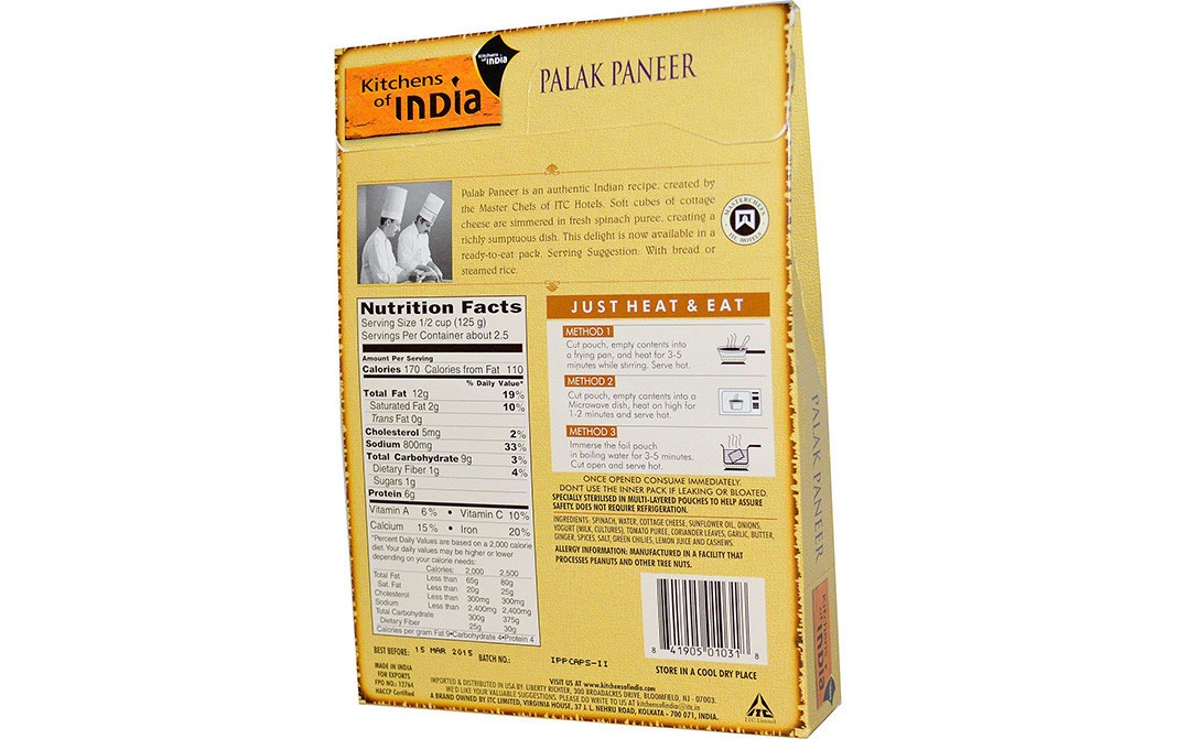 Kitchens Of India Spinach with Cottage Cheese and Sauce Palak Paneer   Box  285 grams
